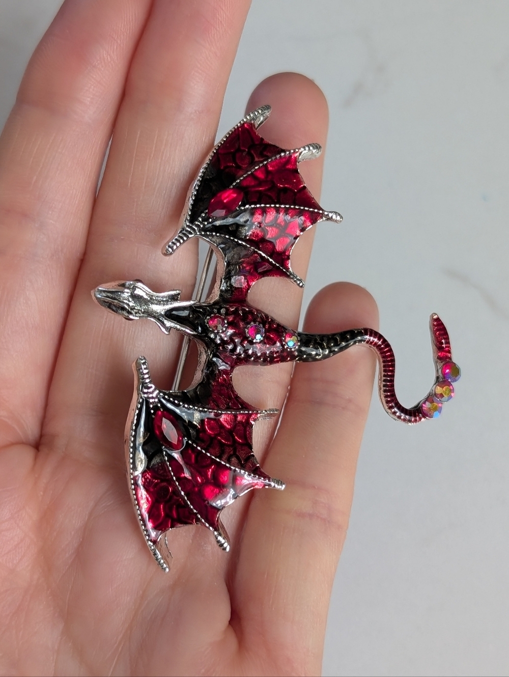 Silver Tone Red Dragon Brooch Costume Jewelry